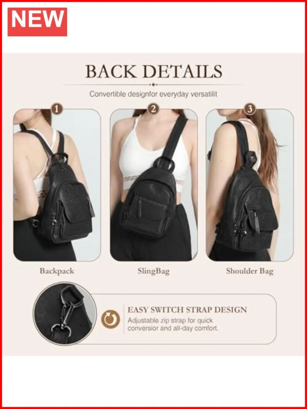 Faux Leather Convertible Sling Backpack Purse with Multiple Pockets